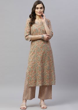 Brown Floral Printed Kurta Set