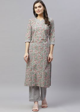 Readymade Grey Kurta Set In Floral Print