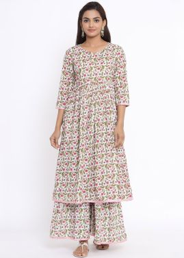 White Kurta Set In Floral Print