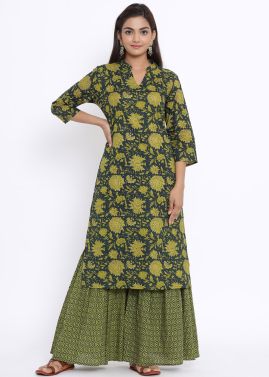 Green Floral Print Kurta &...