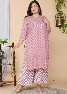 Pink Floral Printed Kurta Set In Cotton