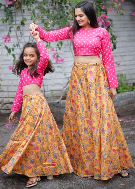 Pink Readymade Skirt Set For Mother & Daughter In Art Silk