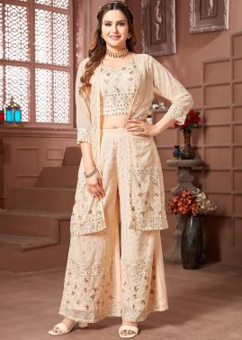 Cream Embroidered Jacket Style Georgette Co-Ord Set