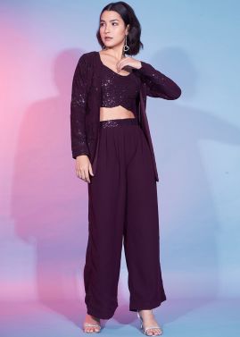 Purple Embellished Jacket Style Co-Ord Set