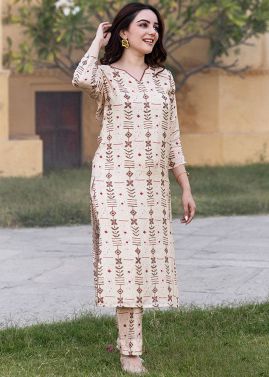 Cream Printed Kurta With Pant