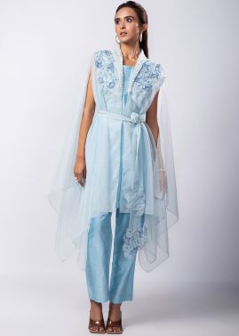 Blue Embroidered Kurta Set With Jacket