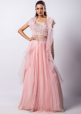 Pink Embroidered Skirt Set In Chiffon