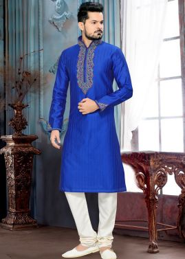 Readymade Royal Blue Art Silk Kurta Churidar Set