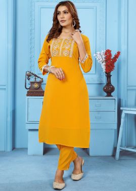 Yellow Embroidered Cotton Kurta Pant Set