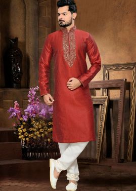 Readymade Red Art Silk Kurta Churidar Set