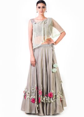 Grey Embroidered Skirt With Cape Style Top