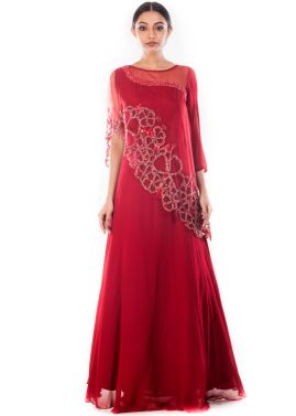 Red Georgette Net Cape Style Gown 