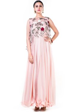 Light Pink Readymade Silk Gown With Crop Top