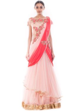 Pastel Pink Net Saree Style Indo Western Gown 