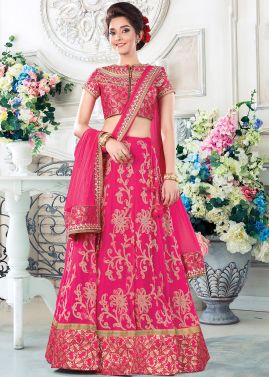 Art Silk Pink A Line Embroidered Lehenga Choli 