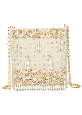 Off White Beaded Velvet Sling Bag