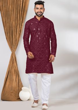 Magenta Foil Mirror Work Mens Kurta Pajama