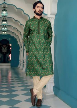 Green Men Digital Floral Print Kurta Pajama