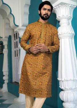 Mustad Yellow Kurta Pajama In Digital Floral Print