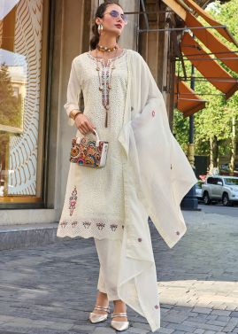 White Embroidered Pant Suit Set In Cotton