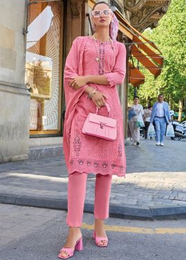 Pink Embroidered Pant Suit Set In Cotton