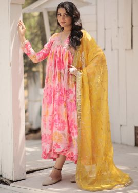 Pink Floral Print Anarkali Suit Set