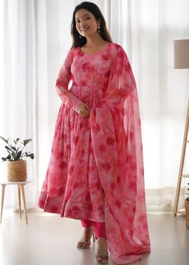 Pink Floral Print Anarkali Suit Set 