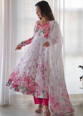 White Floral Print Anarkali Suit Set