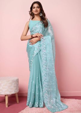 Blue Sequins Embroidered Art Silk Saree