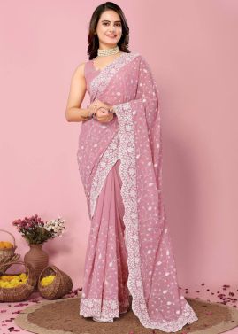 Pink Embroidered Saree In Georgette