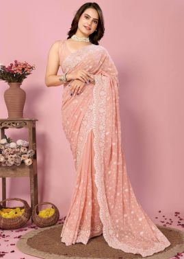 Peach Embroidered Saree In Georgette