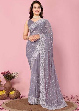 Grey Embroidered Saree In Georgette