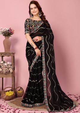 Black Embroidered Saree In Art Silk