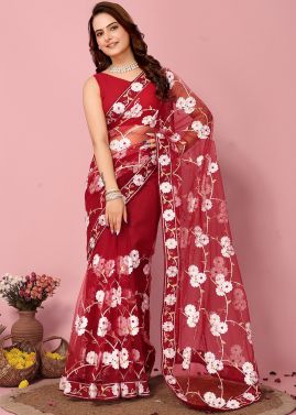 Red Embroidered Saree In Net