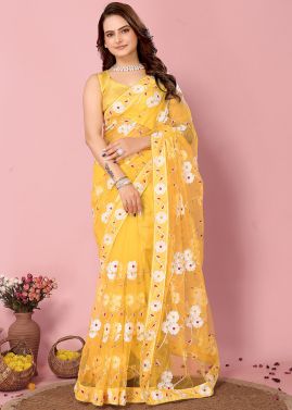 Yellow Embroidered Saree In Net