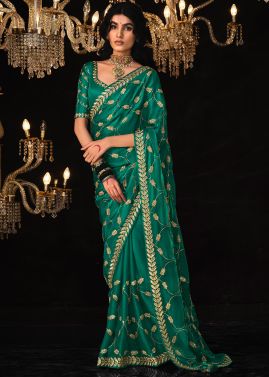 Green Sequins Embroidered Saree In Tissue