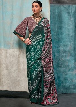 Green Bandhej Print Saree In Crape