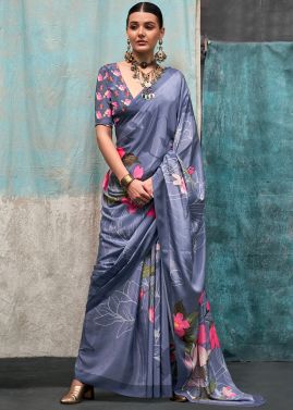 Grey Floral Print Crape Saree With Blouse