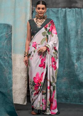 White Floral Print Saree With Blouse