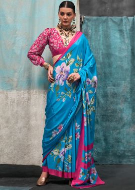 Blue Crape Saree In Floral Print