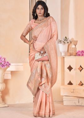 Peach Embroidered Saree In Linen