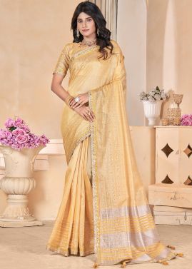 Yellow Sequin Embroidered Saree In Linen