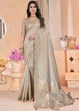 Grey Embroidered Saree In Linen