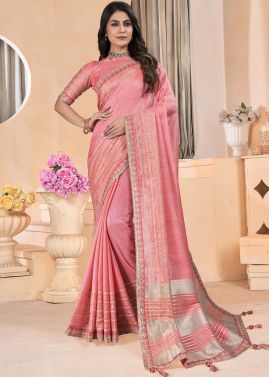 Pink Sequins Embroidered Saree In Linen