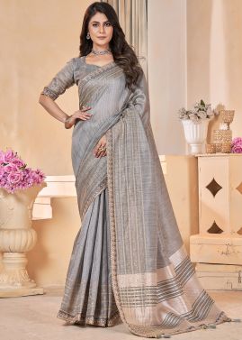 Grey Embroidered Saree In Linen