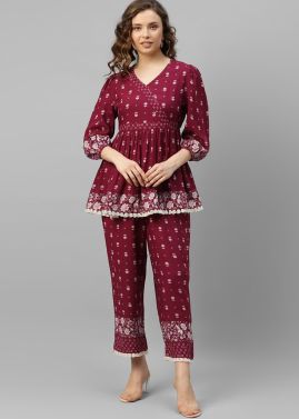 Maroon Digital Printed Kurta Set