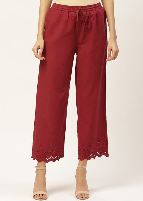 Maroon Readymade Schiffli Palazzo Pant