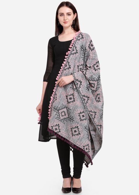 Thread Embellished Cotton Dupatta In Grey