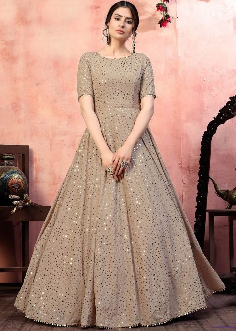 Beige Georgette Gown In Foil Mirror Work