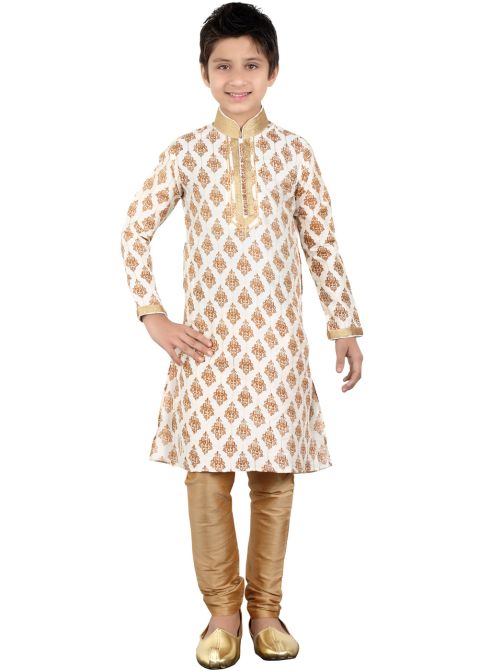 Readymade Off White Art Silk Kids Kurta Pajama